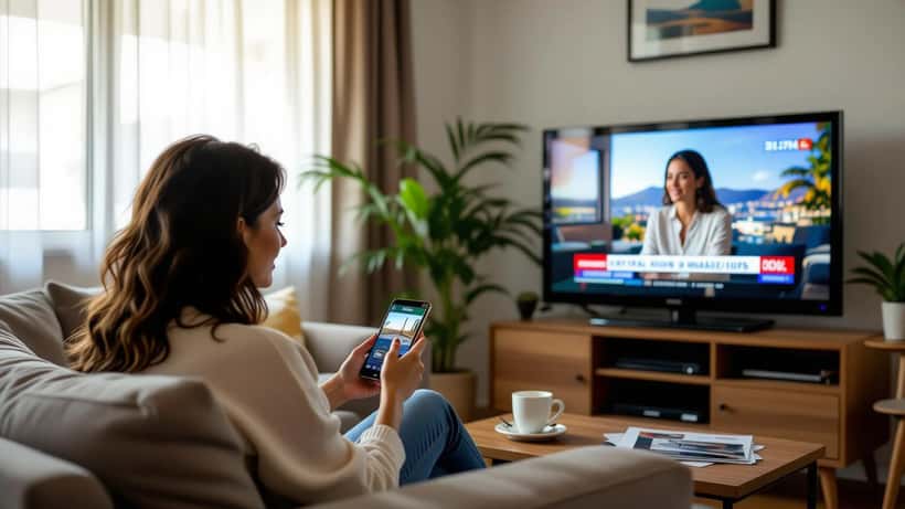Mulher brasileira assistindo notícias sobre terremoto no México durante a Copa 2026 com expressão de ansiedade