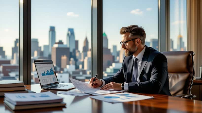 Wealth management advisor reviewing a multi-page financial contract at a desk with laptop showing charts in a Philadelphia high-rise office
