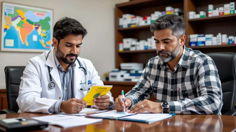 Médico analisando certificado de vacinação de torcedor brasileiro que viajou para assistir ao jogo Índia x Brasil em Calcutá