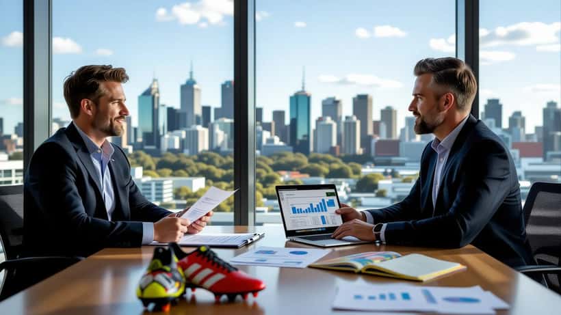 Former soccer player meets wealth advisor in Sydney office with football boots and financial documents on desk