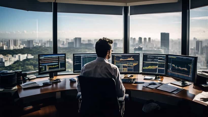 Consultor financeiro analisando gráficos de investimento em escritório moderno em São Paulo