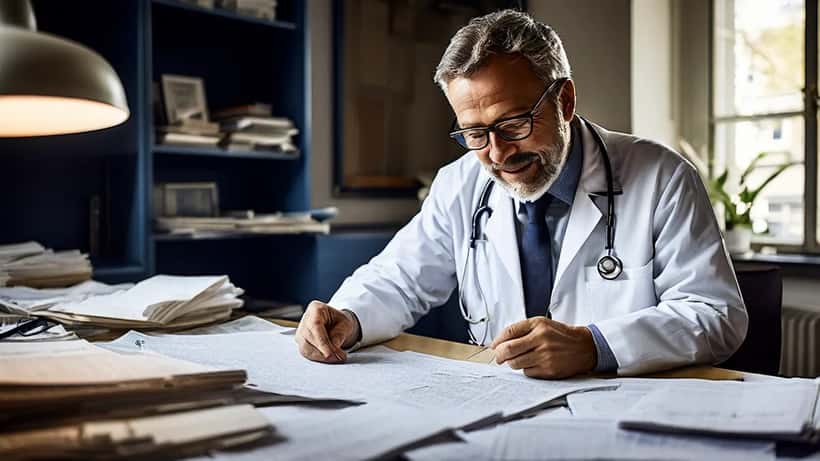Médecin généraliste dans son cabinet parisien, consultant un dossier patient