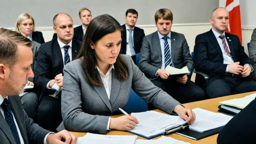 Dansk politiker gennemgår koalitionsforhandlingsdokumenter ved konferencebord med danske flag i baggrunden