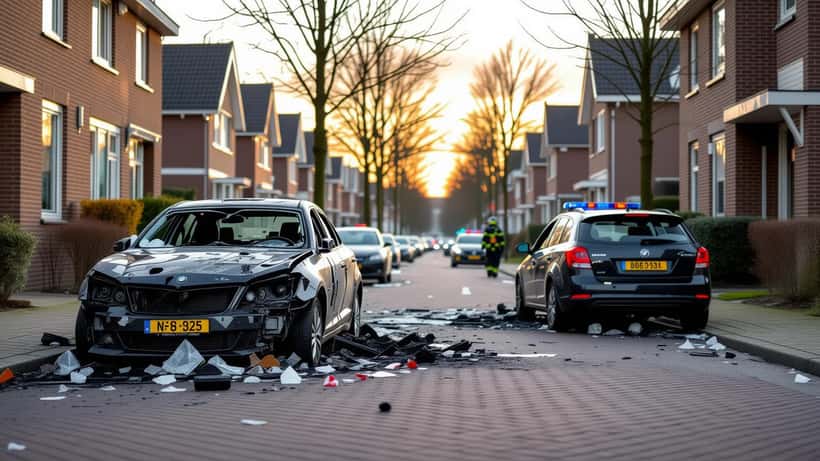 Uitgebrand voertuig op een Nederlandse woonstraat na een explosie, met politielint en puinresten