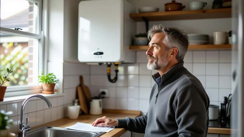 British homeowner examining wall-mounted gas combi boiler in a North London kitchen, energy bill on the counter