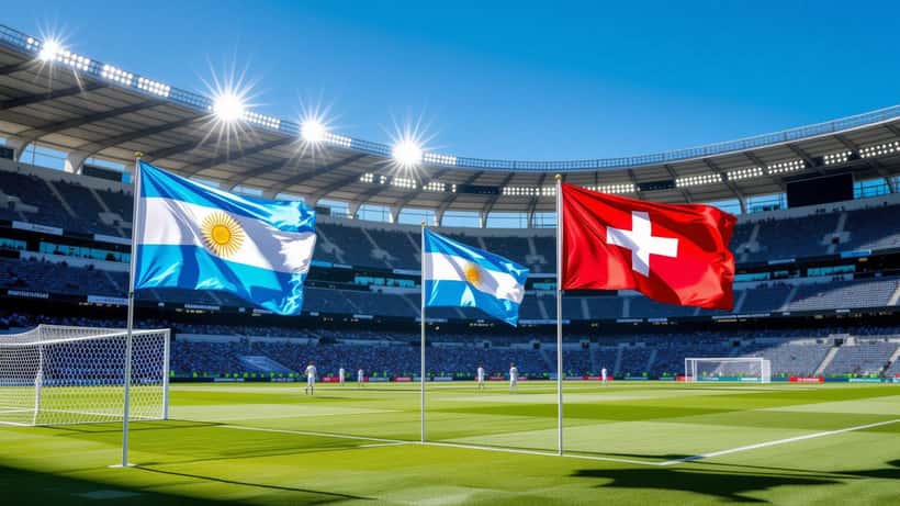 Argentine and Swiss flags at a floodlit football stadium ahead of their 2026 international match