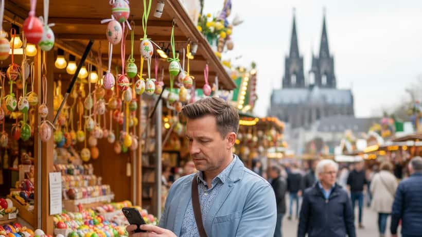 Ostermarkt in NRW, Mann mit Dokumenten auf dem Smartphone an einem Marktstand