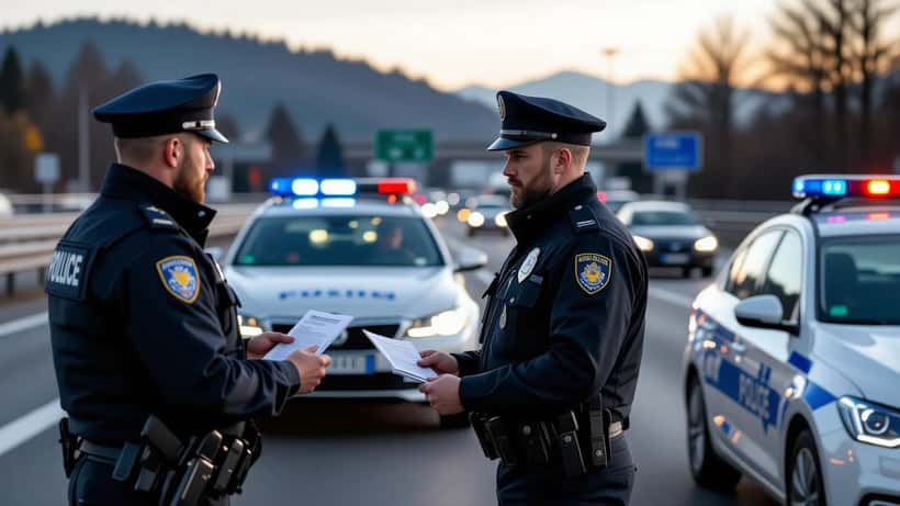 Polizist kontrolliert Ausweise bei einer EuHb-Festnahme auf der Autobahn in Österreich