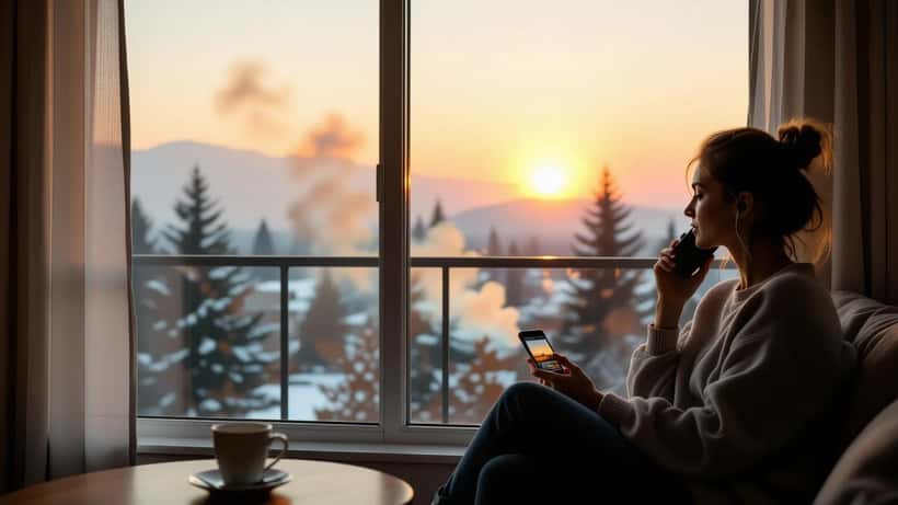 Woman looking at wildfire smoke through apartment window in Kelowna Canada 2026