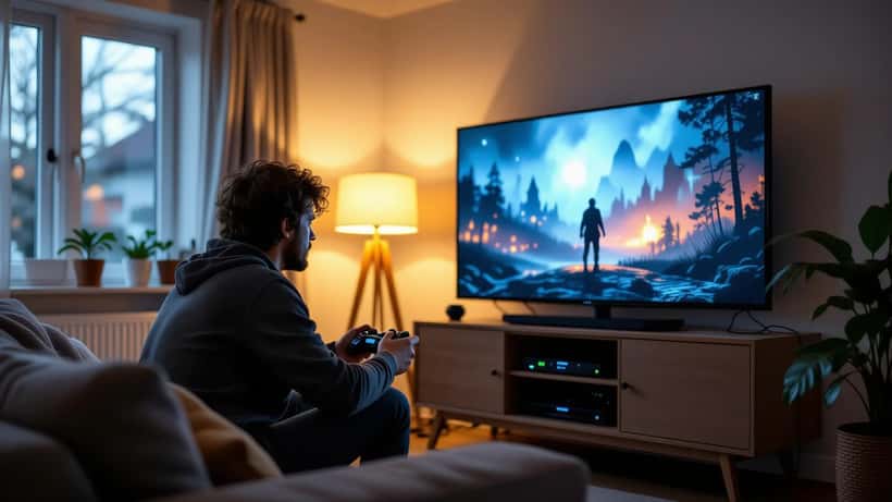 Gamer adjusting picture settings on a large living-room TV with a games console and soundbar for a new Fallout release