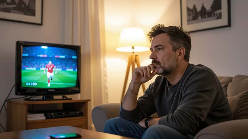 Adepto português cansado a ver jogo de futebol na televisão de madrugada, luz azul do ecrã, estilo fotojornalismo documental