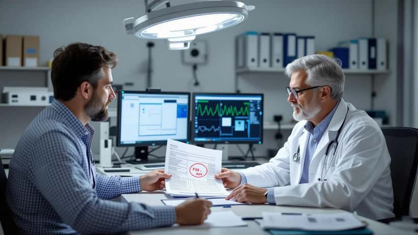 Médico e paciente em consulta de urologia analisando resultado de PSA em Lisboa