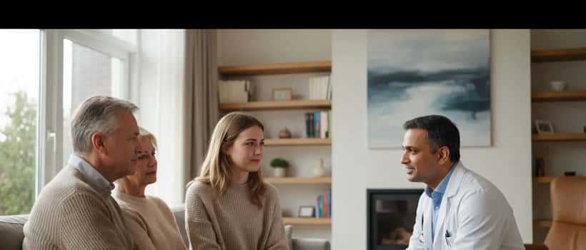 Een arts spreekt zacht met een jonge vrouw en haar familie tijdens een thuisconsultatie palliatieve zorg