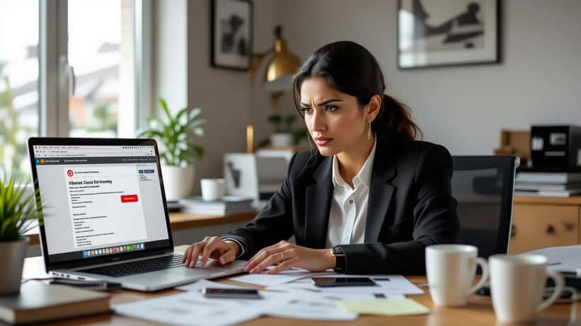 Woman looking at suspicious phishing email on laptop, credit card and receipts on desk
