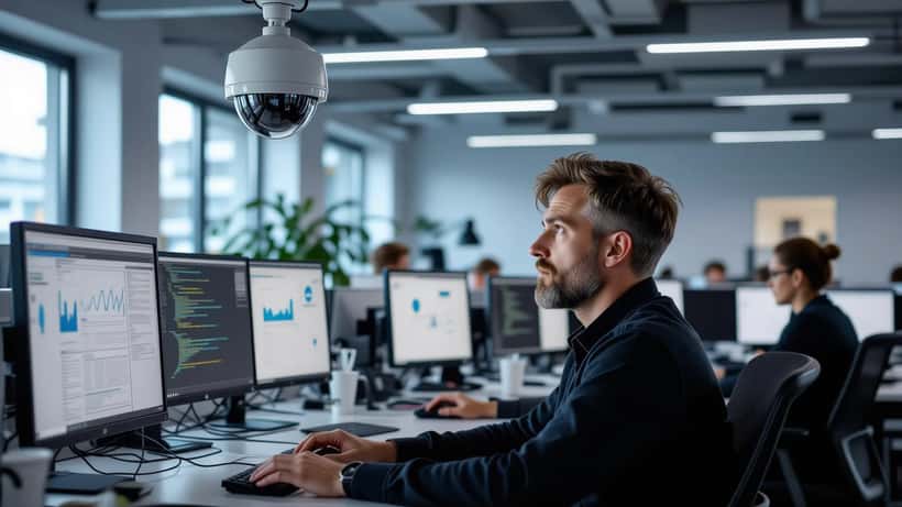 Mann im Wiener Büro blickt ängstlich auf eine Überwachungskamera über seinem Schreibtisch, Aktivitätsmonitoring auf dem Bildschirm