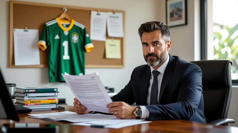 Advogado trabalhista brasileiro revisando contrato de atleta profissional em escritório com camisa de futebol ao fundo