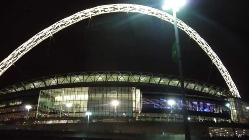 Wembley Stadium in London, home of England football, with its distinctive arch against the sky