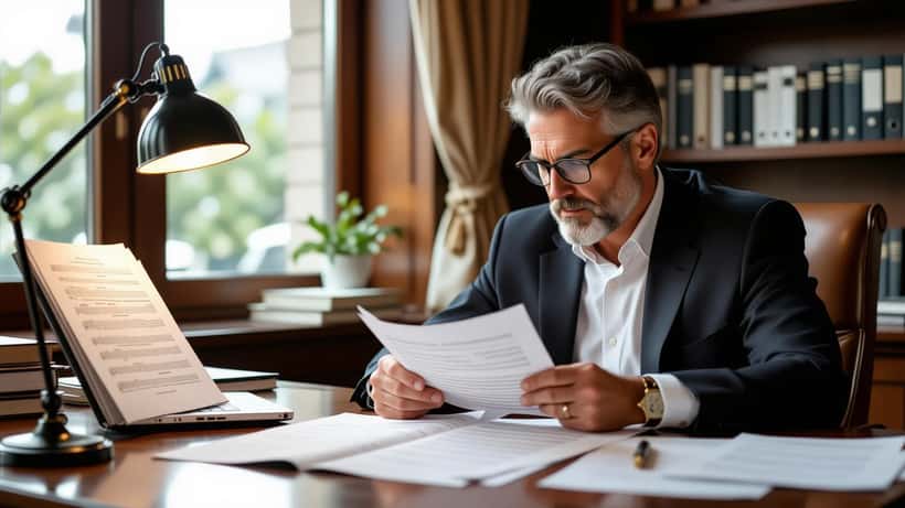 Un avocat montréalais examine des partitions musicales manuscrites et des documents de droit d'auteur sur son bureau