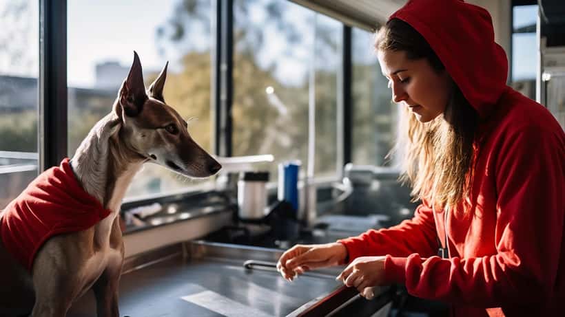 Australian vet examining a Greyhound wearing a small red hoodie on an examination table