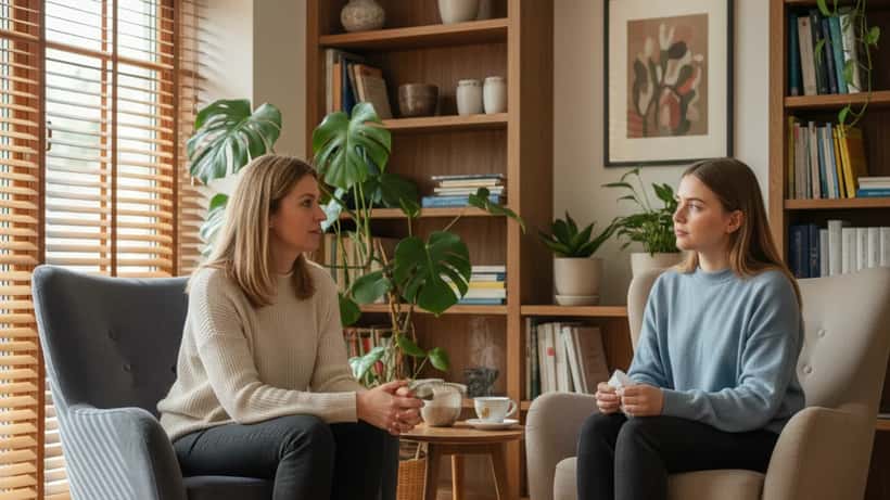 Psychologin im Gespräch mit Klientin in Münchener Therapiepraxis