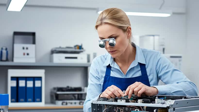 Österreichische Technikerin untersucht Waschmaschinensteuerung in Reparaturwerkstatt