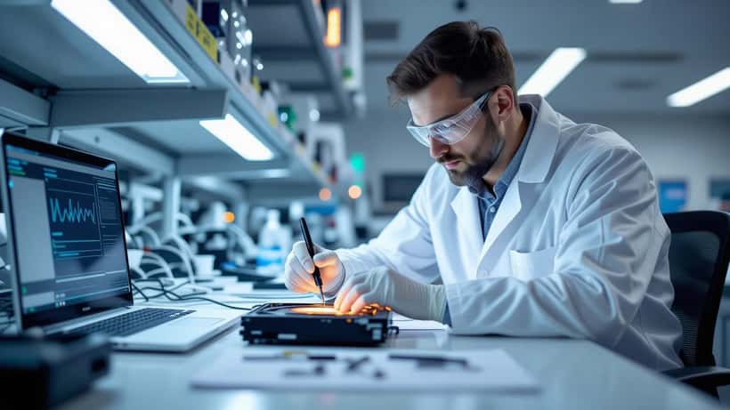 Expert informatique examinant un disque dur endommagé par la chaleur dans un laboratoire de récupération de données en Suisse