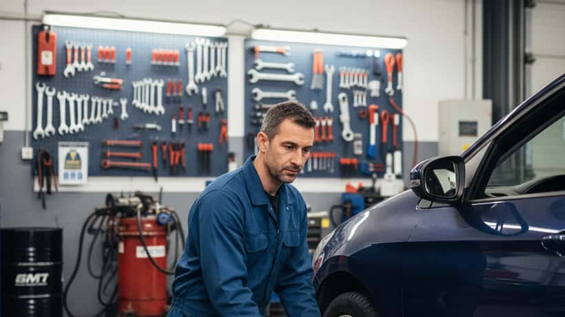 Mécanicien vérifiant la pression des pneus dans un atelier automobile à Lyon