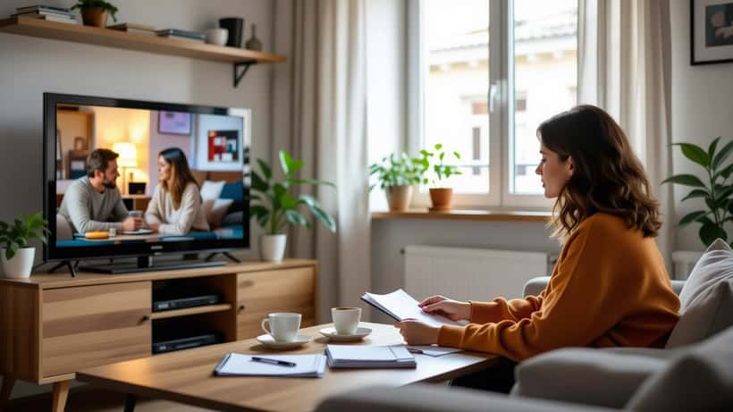 Donna italiana guarda la TV con documenti legali sul tavolo davanti a lei
