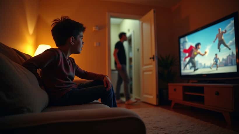 Ragazzo adolescente sul divano guarda un combattimento di supereroi animati in TV con genitore preoccupato