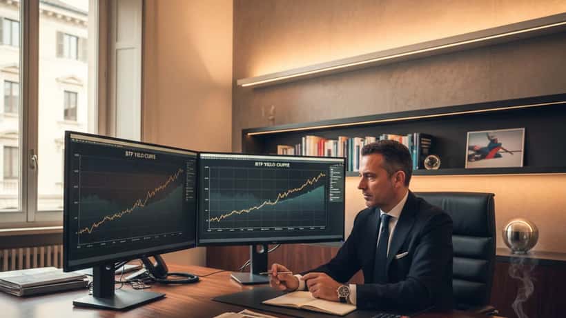 Consulente finanziario italiano che analizza grafici dei rendimenti BTP su schermi multipli in ufficio a Milano