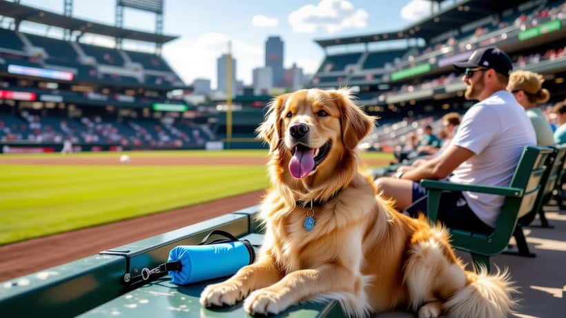 A panting dog beside its owner in the sunny bleachers of a Chicago baseball stadium on a hot summer day