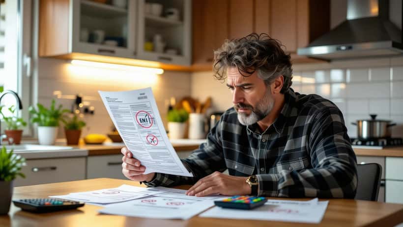 Consumatore italiano controlla una bolletta del gas ENI Plenitude con espressione preoccupata
