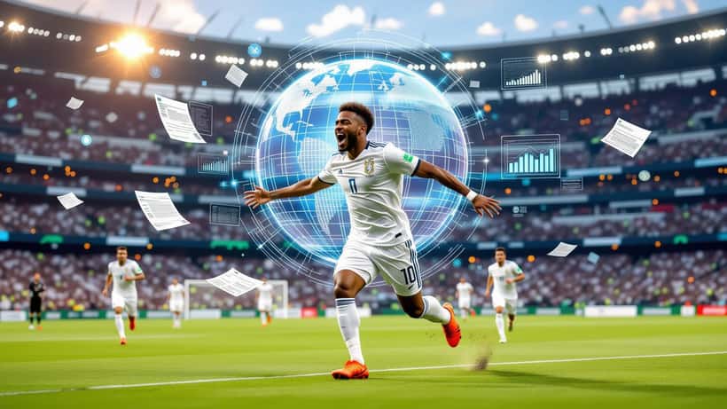 Footballeur brésilien célébrant un but avec des documents contractuels et graphiques financiers flottants autour de lui, symbolisant la gestion de carrière sportive
