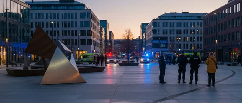 Avspärrningsband vid en modern stadsmiljö i skymning