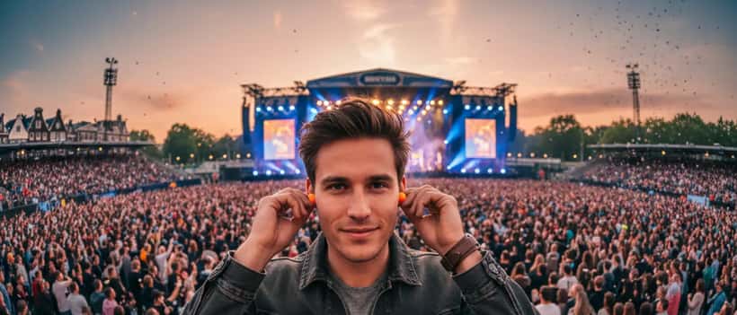 Jongeman die concertdopjes inbrengt bij een groot concert in een Amsterdams stadion bij avondlicht