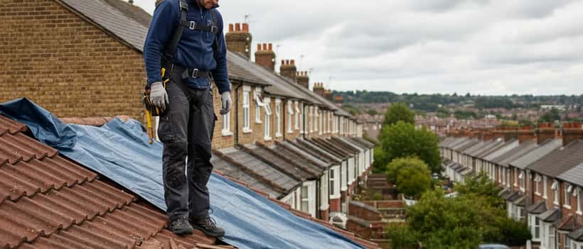 British roofer inspecting storm-damaged roof tiles on an English terraced house