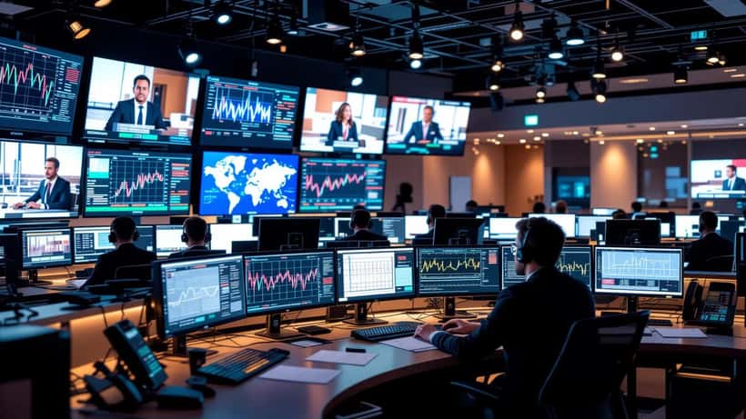 Sala de controlo de um canal de televisão de notícias em Portugal com monitores de audiência