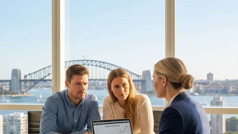 Australian financial advisor discussing mortgage rate hike strategy with couple in Sydney office April 2026