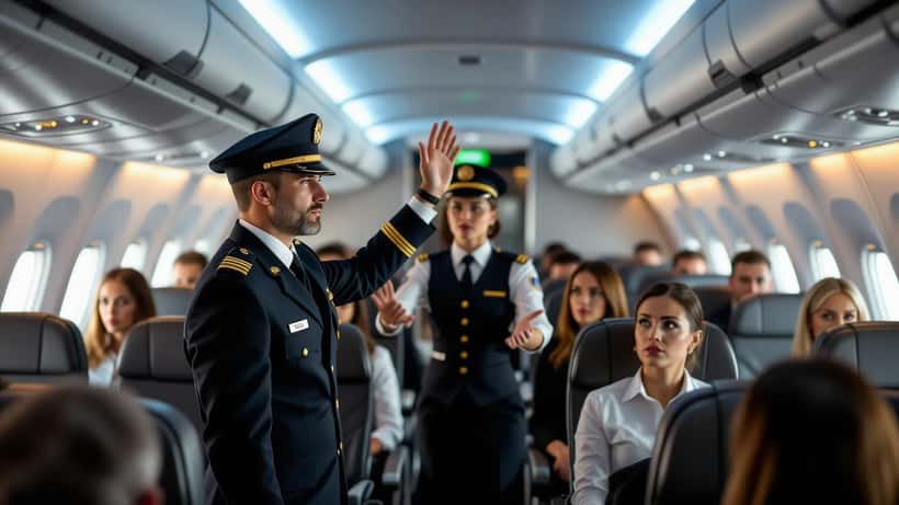 Flugbegleiterin versucht in einer Flugzeugkabine einen aggressiven Passagier zu beruhigen