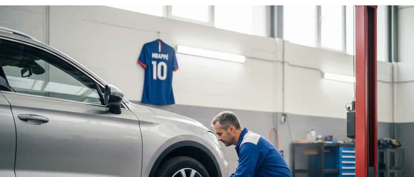 Mécanicien en blouse bleue vérifiant la pression des pneus dans un garage, maillot de foot au mur