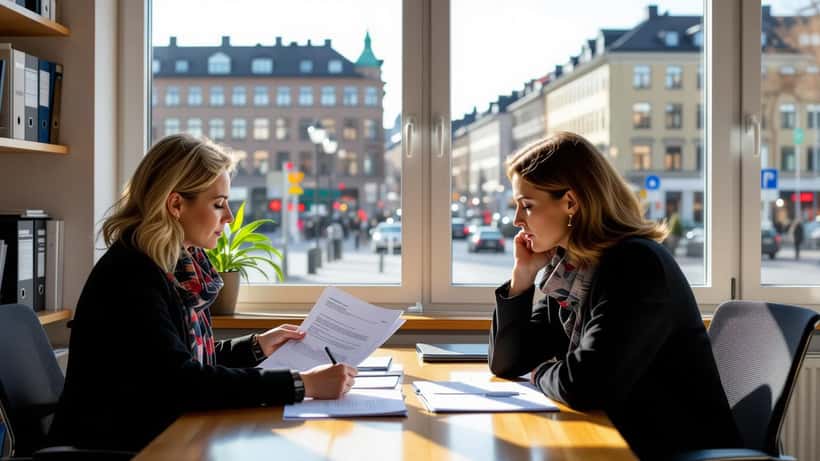 Immigrationsadvokat granskar uppehållstillståndshandlingar med klient på Stockholmsadvokatbyrå 2026