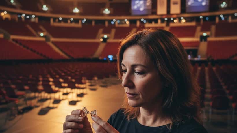 Mulher portuguesa a examinar tampões auditivos de alta fidelidade antes de um concerto em Lisboa