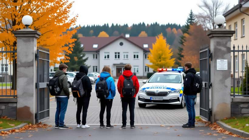 Jugendliche vor einer Oberschule in Frankfurt (Oder), Polizeiwagen am Straßenrand