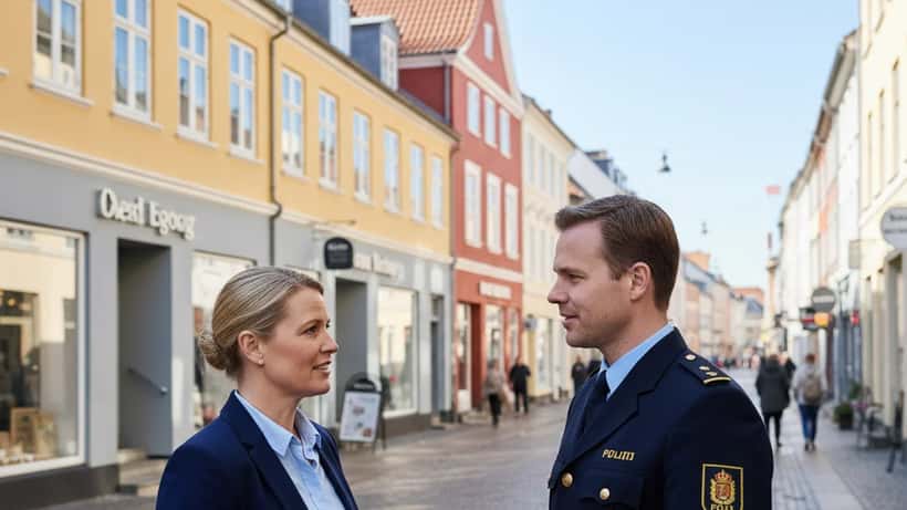 Kvindelig advokat taler med politibetjent på gade i Aalborg