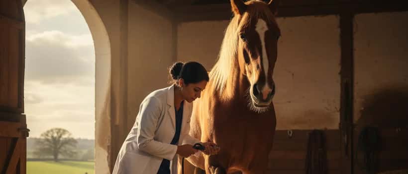 Compassionate vet examining a horse in a stable, rural English countryside setting