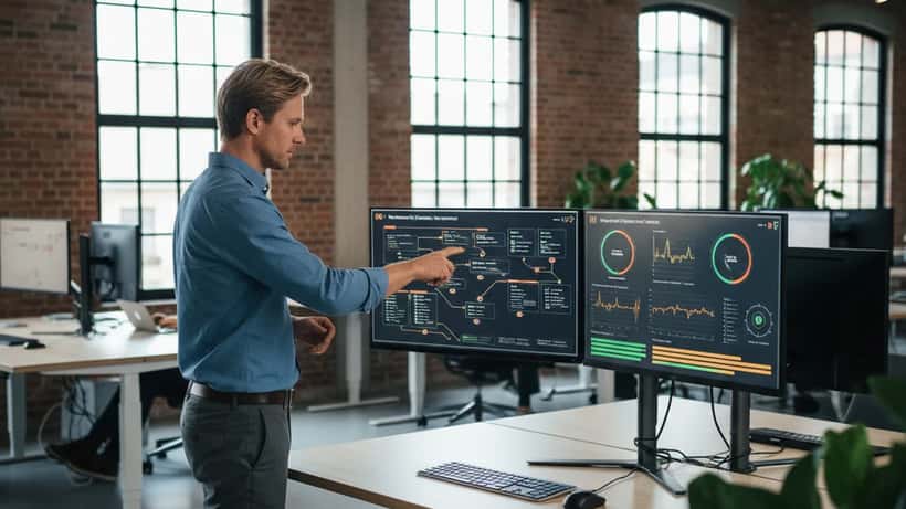 Dansk IT-konsulent i Københavns kontor peger på et cybersikkerhedsdashboard med betalingssystemarkitektur