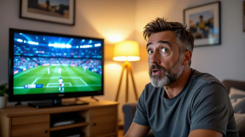 homem português alarmado com ecrã de televisão a mostrar alerta de malware durante transmissão do Brasileirão
