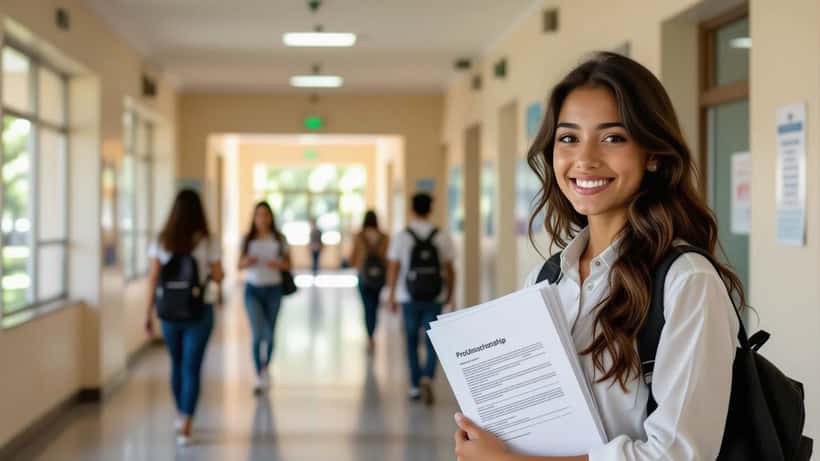 Estudante universitária segurando documentos de financiamento FIES e ProUni em corredor de campus em Belo Horizonte