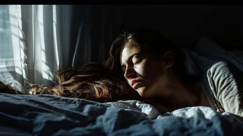 Frau liegt nachts wach im Bett, Mondlicht durch das Fenster