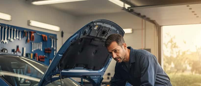 Mécanicien expert examinant le filtre à carburant d'une voiture dans un garage en France